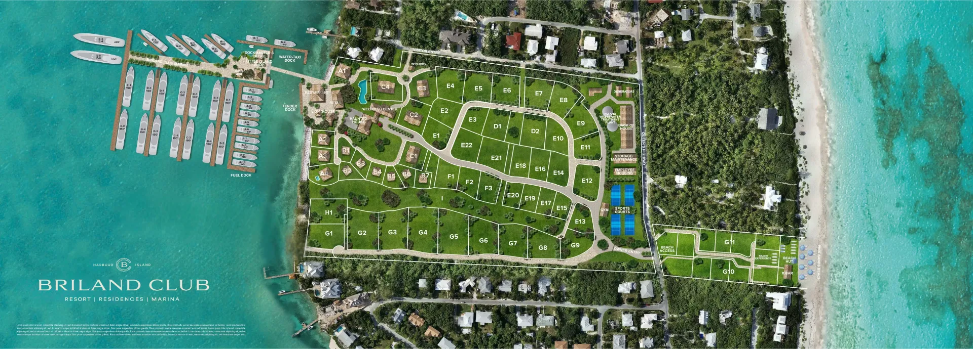 Briland Club site plan showing the residences, marina and amenities across Harbour Island